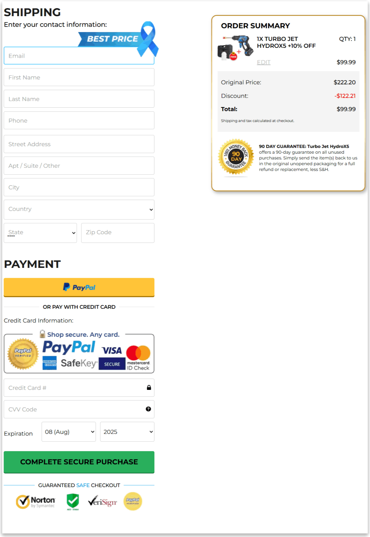 Hydrox5 Power Washer secure checkout page